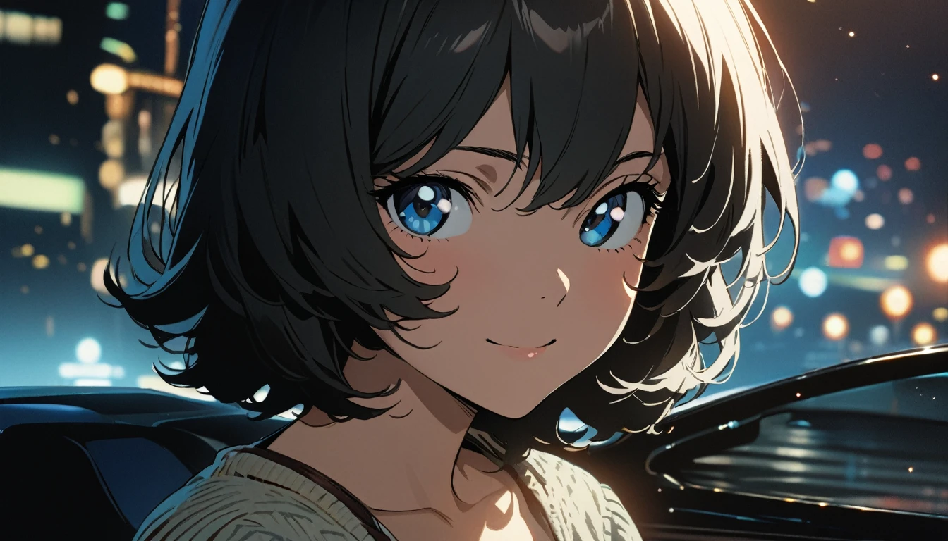1girl, solo, gentle smile on her face flat chest, blue eyes, (detailed eyes), short hair, black hair, upper body, ((masterpiece, illustration, best quality)) ((best quality)), ((masterpiece)), (detailed), (masterpiece)),(((bestquality))), woman in the 1970s, with her hair and clothing from the 1970s, the woman is standing beside a 1970s sports car during night time