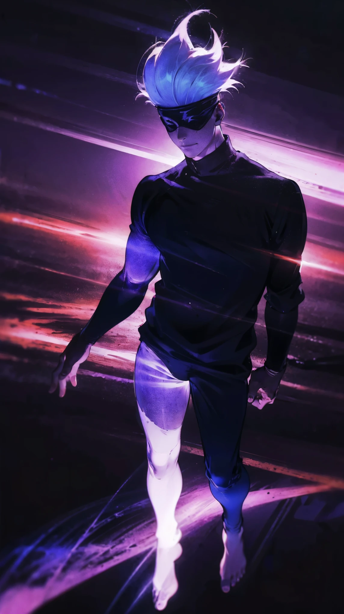1boy, full body shot, perfect hand and fingers, satoru gojo, blindfold, black outfit, white hair, look at sky, smirk, red and blue moon city night background, wallpaper, cinematic,High resolution 8K, Bright light illumination, lens flare, sharpness, masterpiece, top-quality, The ultra -The high-definition, high resolution, extremely details CG, Anime style, Film Portrait Photography,masterpiece,hyperdetail,light attack, blue and red gives purple, infinity, throw light, energy attack,