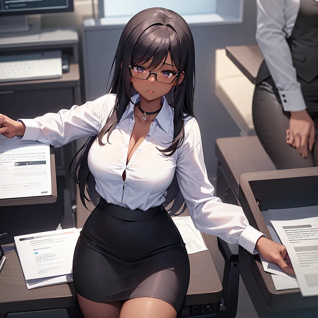 1girl, secretary, office, desk, dark skin woman, confident, glasses, cleavage, white blouse, tight black skirt, fit, hips, lip bite, sitting on desk and crossing her legs, black heels.