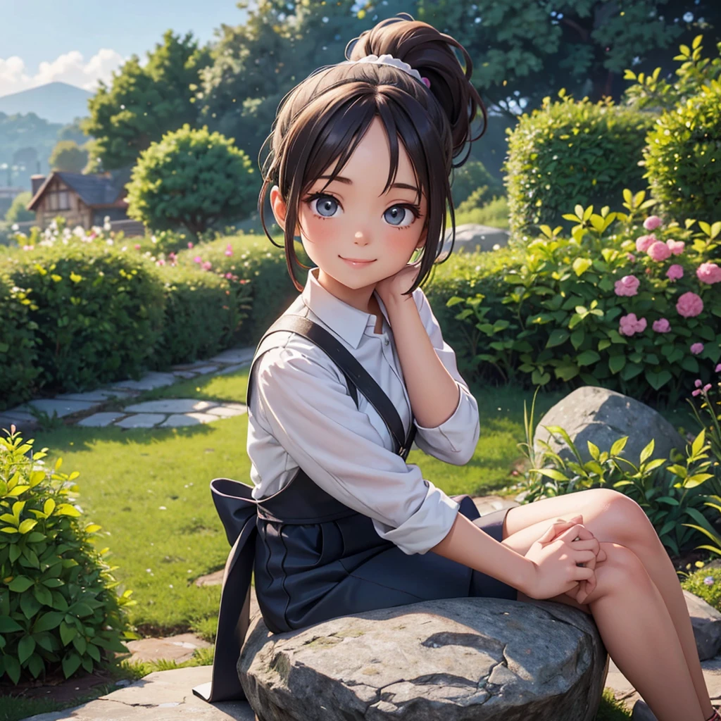 girl with ponytail hair sitting on a rock with a garden in the background, her hands are resting on the rock she looks at the camera with a beautiful smile
