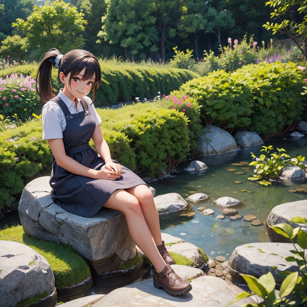 girl with ponytail hair sitting on a rock with a garden in the background, her hands are resting on the rock she looks at the camera with a beautiful smile