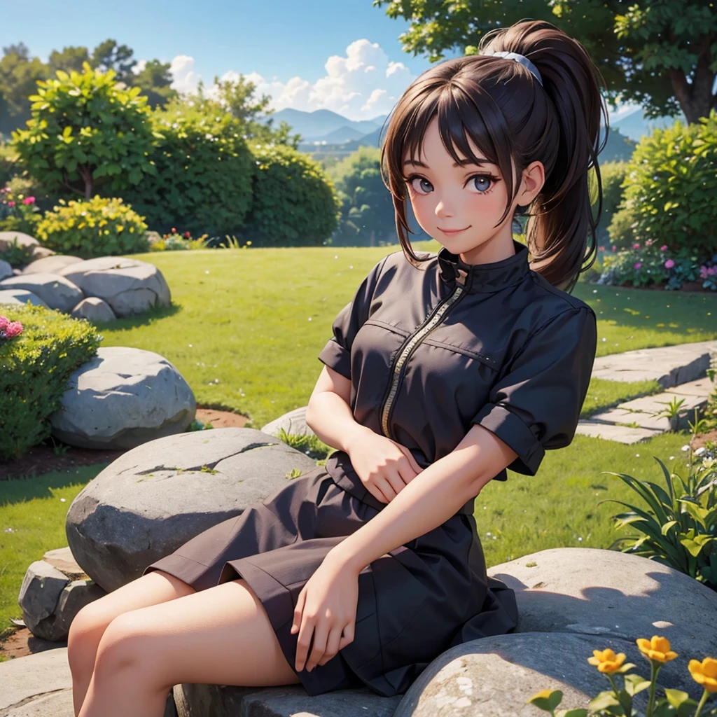 girl with ponytail hair sitting on a rock with a garden in the background, her hands are resting on the rock she looks at the camera with a beautiful smile
