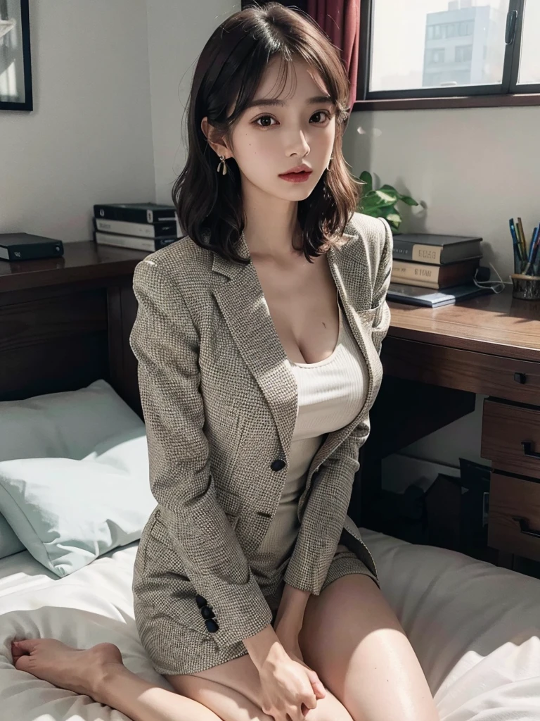 absurdres, RAW photo, extremely delicate and beautiful, masterpiece, Best Quality, ultra high resolution, 16k, hyperrealistic, ultra-detailed, perfect ???????, super Detailed skin, perfect figure, Very detailed CG 8k wallpaper, in her 20s, very Slim body, narrow waist, very small head, very small face, delicate facial features, tearful mole, earring, thin legs, ((very huge round breasts)), full body shot, 1 girls, shorter middle hair, wavy hair, ((office lady suit)), blazer, wet, bed,