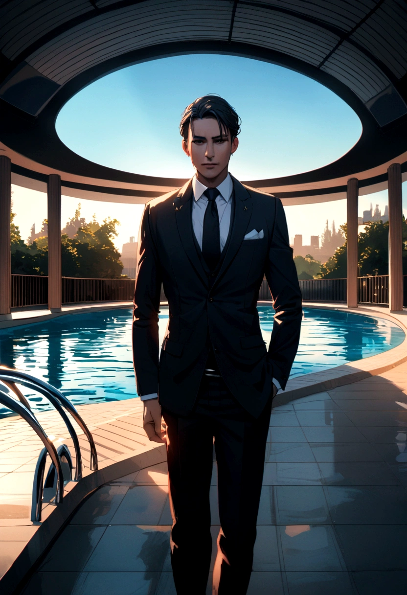 well dressed man in front of a luxury swimming pool
