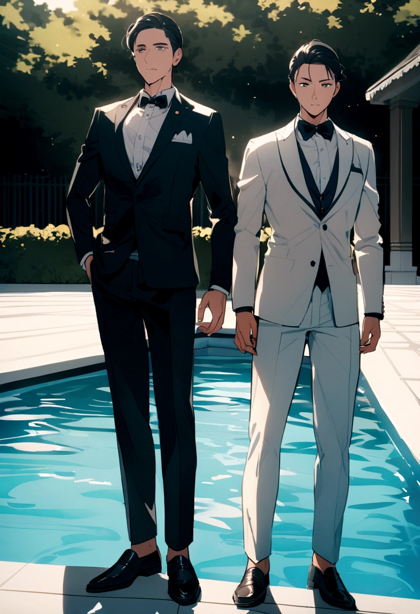 well dressed man in front of a luxury swimming pool
