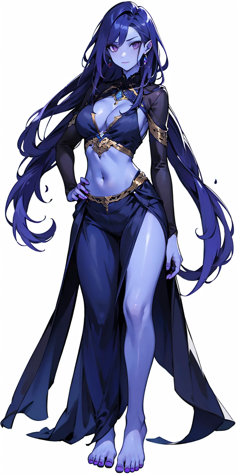 ((plain background:1.2, 1sologirl)) full body standing barefoot hands on waist navel, very purple skin