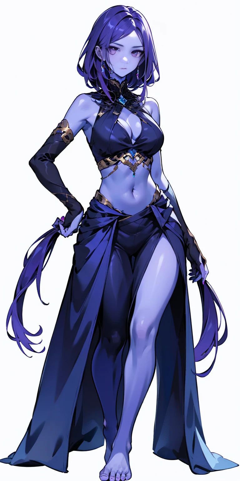 ((plain background:1.2, 1sologirl)) full body standing barefoot hands on waist navel, very purple skin