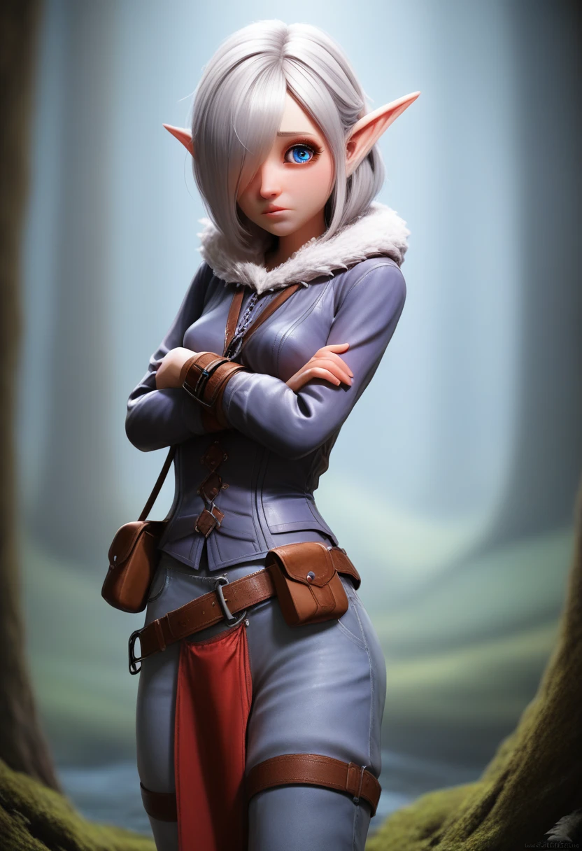 ((Best Quality)), (Masterpiece)), (Details: 1.4), Absurd Resolution, High Resolution, (Masterpiece: 1.4), Ultra Detailed, detailed gnome girl with pale skin, short stature, very long waist length silver hair that curls at the ends, covering one eye, with small breasts, pouty lips, and bright blue anime-style eyes with long lashes, wearing a corset, white puffy long sleeved shirt, and puffy cloth pants, leather bound boots, set in a windy fantasy landscape, (best quality,4k,8k,highres,masterpiece:1.2),ultra-detailed, dungeons and dragons, long elf ears, small girl, detailed skin and cloth textures, cute detailed face, intricate details, extremely detailed, 1girl, dynamic pose with hair covering one eye, shy personality, puffy cloth pants with leather belt, detailed privateer outfit, detailed buccaneer outfit, pouch on belt, wearing ornate leather armor with fur trim, silver inlay detail, wearing fur trimmed boots, wearing fur trimmed gloves, short, short height, halfing girl, small girl,