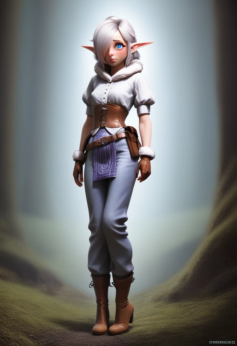 ((Best Quality)), (Masterpiece)), (Details: 1.4), Absurd Resolution, High Resolution, (Masterpiece: 1.4), Ultra Detailed, detailed gnome girl with pale skin, short stature, very long waist length silver hair that curls at the ends, covering one eye, with small breasts, pouty lips, and bright blue anime-style eyes with long lashes, wearing a corset, white puffy long sleeved shirt, and puffy cloth pants, leather bound boots, set in a windy fantasy landscape, (best quality,4k,8k,highres,masterpiece:1.2),ultra-detailed, dungeons and dragons, long elf ears, small girl, detailed skin and cloth textures, cute detailed face, intricate details, extremely detailed, 1girl, dynamic pose with hair covering one eye, shy personality, puffy cloth pants with leather belt, detailed privateer outfit, detailed buccaneer outfit, pouch on belt, wearing ornate leather armor with fur trim, silver inlay detail, wearing fur trimmed boots, wearing fur trimmed gloves, short, short height, halfing girl, small girl,