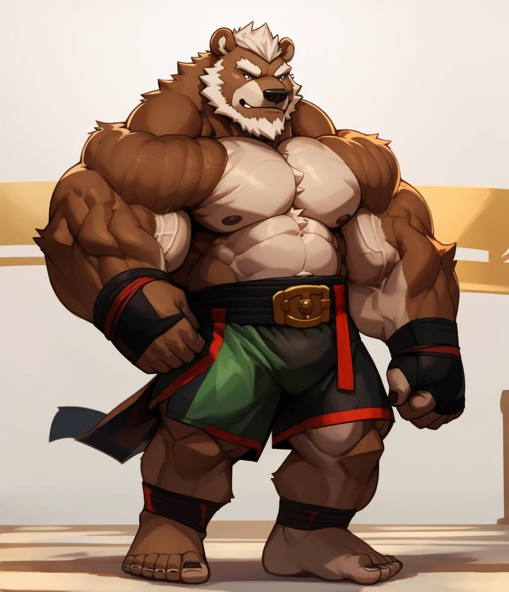 solo, 1boy, Huge Muscular Old Grizzly Bear wearing kickboxing MMA belt , thick pectoral, thick arms, huge pectoral, wide pectoral, hige brown fur, short white hair, Kickboxing MMA shorts, kickboxing MMA gloves, Kickboxing MMA Footwear 5 toes and shirtless, bearded, Kickboxing Martial Arts Cage Tournament background, masterpiece, semirealistic:1.2, high detailed, 8k, high resolution, Kickboxing Champion