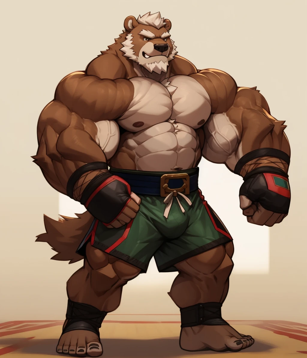 solo, 1boy, Huge Muscular Old Grizzly Bear wearing kickboxing MMA belt , thick pectoral, thick arms, huge pectoral, wide pectoral, hige brown fur, short white hair, Kickboxing MMA shorts, kickboxing MMA gloves, Kickboxing MMA Footwear 5 toes and shirtless, bearded, Kickboxing Martial Arts Cage Tournament background, masterpiece, semirealistic:1.2, high detailed, 8k, high resolution, Kickboxing Champion