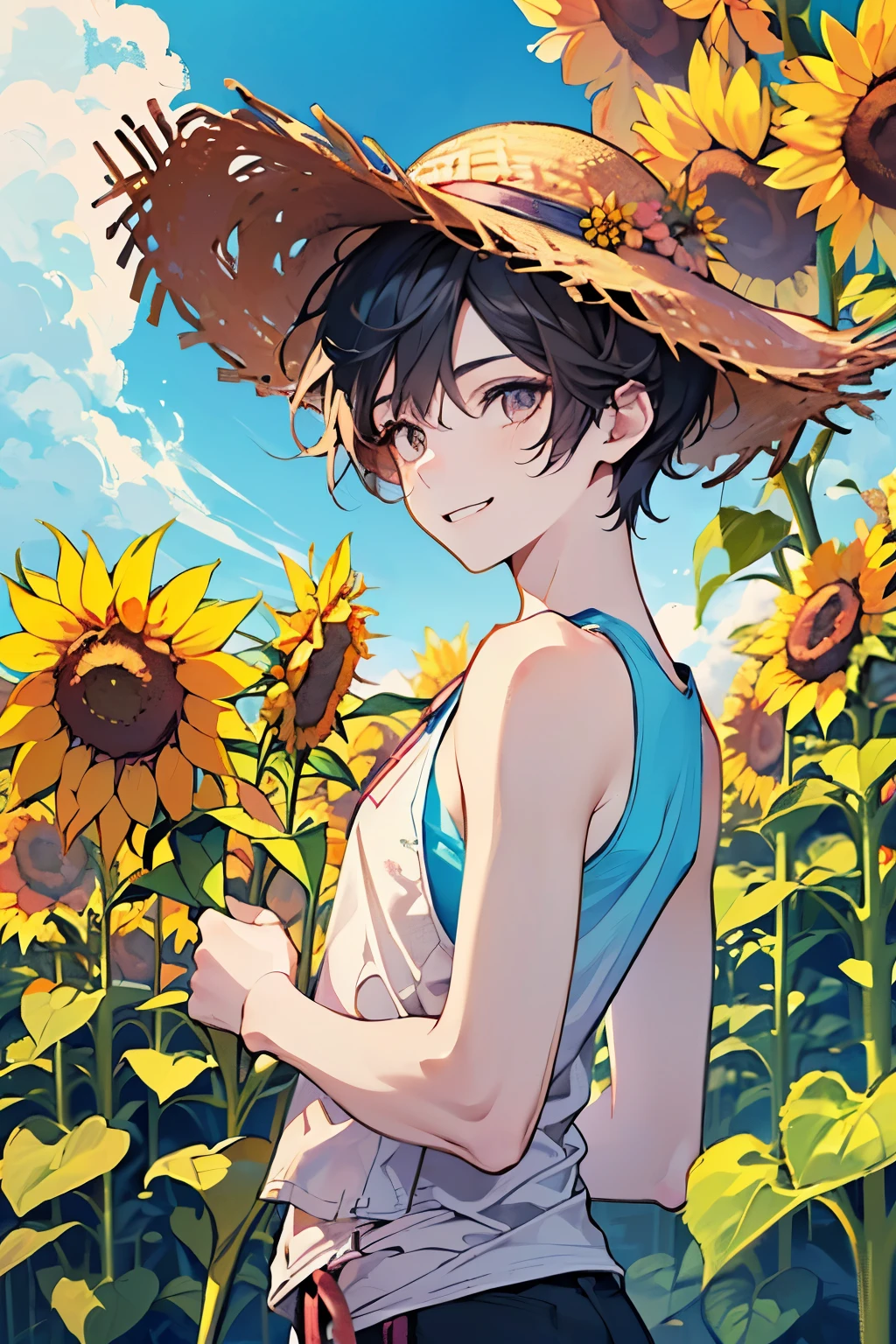 ((cute,kawaii)),((pastel color)),(A happy smile),((Looking back:1.1)),((Tank top and straw hat:1.3)),(Sunflower field:1.3),Shiny hair,(Natural Color),((Angle from below:1.1)),(Angle of incitement:1.3),((Tropical illustration background:1.2)),((boy,Men's,male:1.2)).