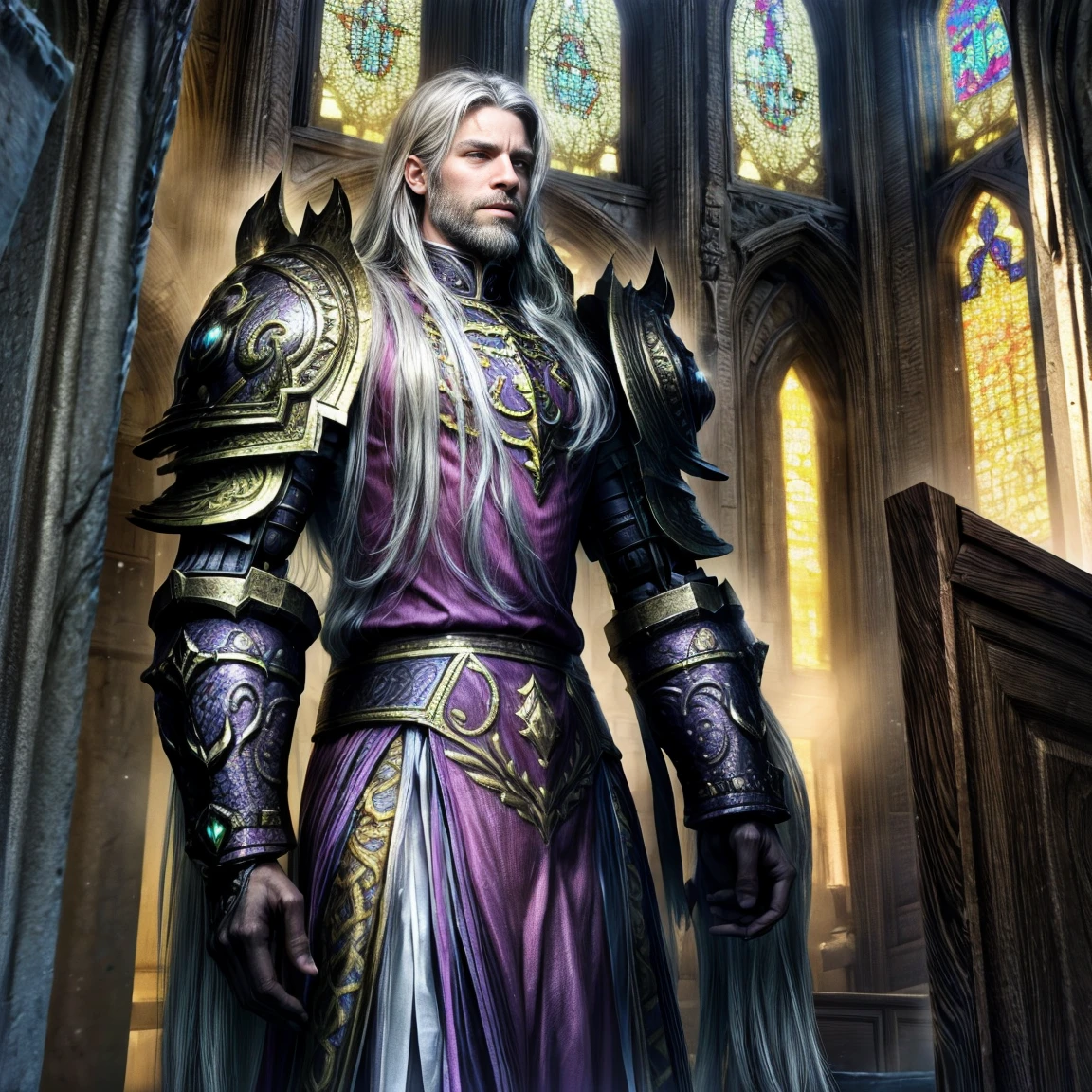 Draego, a medieval knight in shining armor, (long hair:1.2), standing in front of an altar in a large cathedral, dramatic backdrop, high contrast, wide angle lens, vibrant colors, serene, detailed intricate armor, flowing cape, determined facial expression, sunlight streaming through stained glass windows, ornate altar with candles, dramatic shadows, cinematic composition, photorealistic, 8k, hyper detailed, masterpiece
