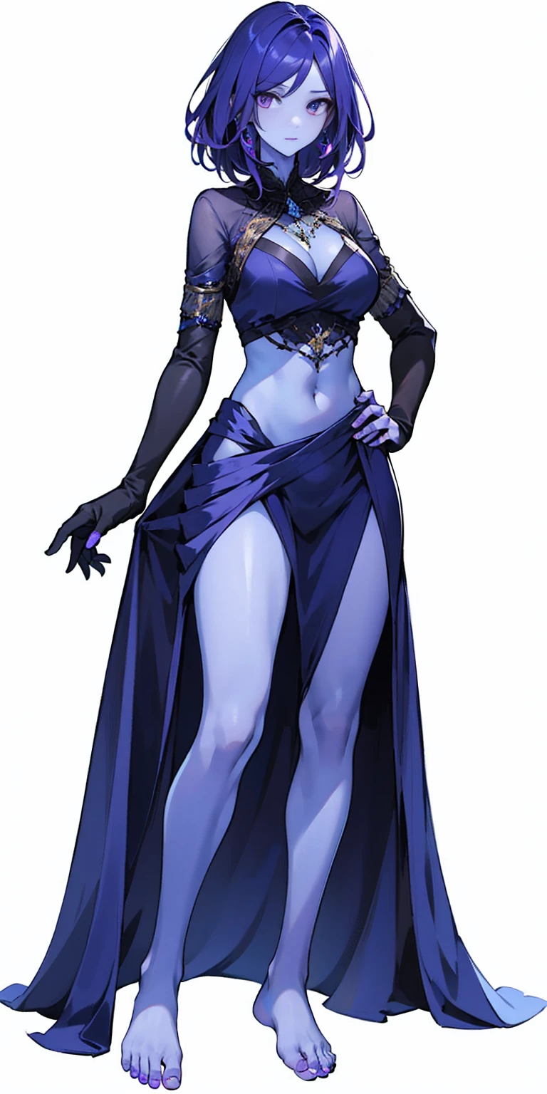 ((plain background:1.2, 1sologirl)) full body standing barefoot hands on waist navel, very purple skin