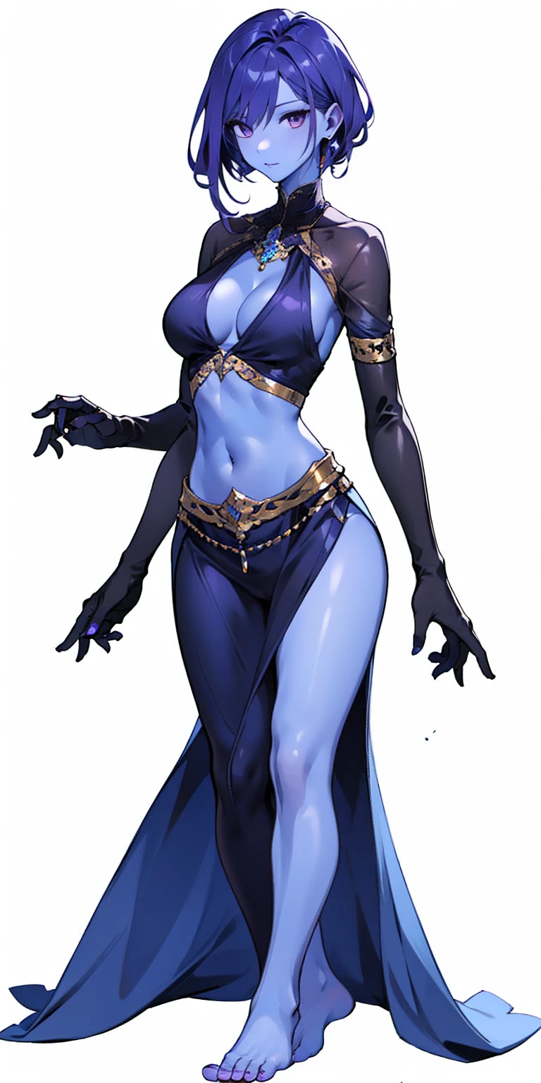 ((plain background:1.2, 1sologirl)) full body standing barefoot hands on waist navel, very purple skin