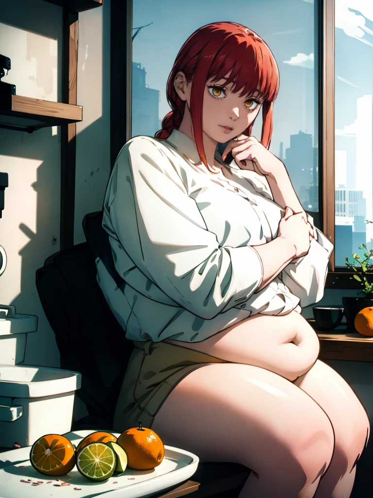 Le personnage Makima de la série animée Chainsaw Man, fragile, obésité morbide, ssbbw, pleine longueur (corps entier 1.1.), fond sombre, obscurité, anatomie correcte 1.1, anatomie correcte de la main, Très féminin, corps gras et rond, grosses Jambes, fesses, beau corps obèse, ventre rond et mou très gras, cheveux roux, Yeux oranges, Cercles rouges pour les écoliers, chemise blanche, jupe noire, cravate noire, pose sexy, réaliste, very détaillé, beau corps, détaillé body, détaillé hands, détaillé, vibrant, détaillé Face, Conception des personnages de Makima. very détaillé, détaillé body, détaillé hands, détaillé Face, Art animé, Hugh Détails, Visage très abattu, détaillé eyes, Illustration ultra fine, Meilleure ombre, détail fin, beautiful détaillé glow, beautiful détaillé, Extraordinairement beau, extremely détaillé, inexpressif, composition épique, Style animé. art animé, Style animé. Jupe noire, chemise blanche, cravatte, pose sexy
