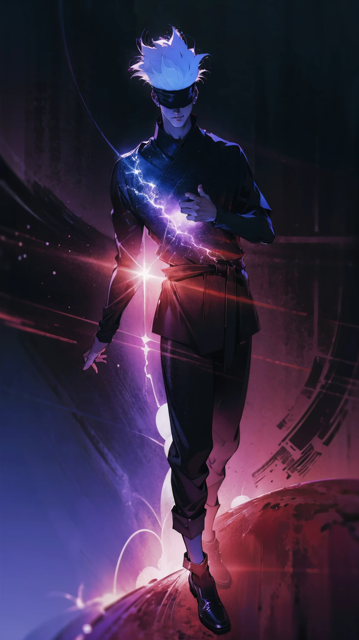 1boy, full body shot, perfect hand and fingers, satoru gojo, blindfold, black outfit, white hair, look at sky, smirk, red and blue moon city night background, wallpaper, cinematic,High resolution 8K, Bright light illumination, lens flare, sharpness, masterpiece, top-quality, The ultra -The high-definition, high resolution, extremely details CG, Anime style, Film Portrait Photography,masterpiece,hyperdetail, light attack, blue and red gives purple, infinity, throw light, energy attack,