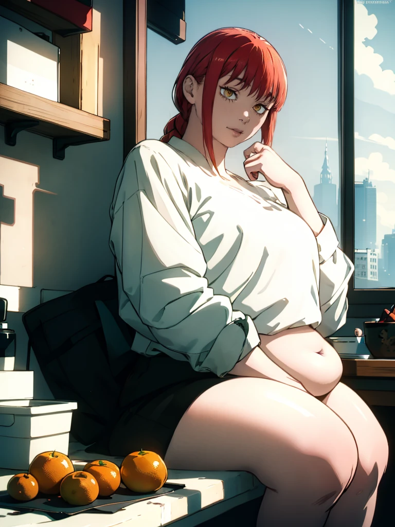 Le personnage Makima de la série animée Chainsaw Man, fragile, obésité morbide, ssbbw, pleine longueur (corps entier 1.1.), fond sombre, obscurité, anatomie correcte 1.1, anatomie correcte de la main, Très féminin, corps gras et rond, grosses Jambes, fesses, beau corps obèse, ventre rond et mou très gras, cheveux roux, Yeux oranges, Cercles rouges pour les écoliers, chemise blanche, jupe noire, cravate noire, pose sexy, réaliste, very détaillé, beau corps, détaillé body, détaillé hands, détaillé, vibrant, détaillé Face, Conception des personnages de Makima. very détaillé, détaillé body, détaillé hands, détaillé Face, Art animé, Hugh Détails, Visage très abattu, détaillé eyes, Illustration ultra fine, Meilleure ombre, détail fin, beautiful détaillé glow, beautiful détaillé, Extraordinairement beau, extremely détaillé, inexpressif, composition épique, Style animé. art animé, Style animé. Jupe noire, chemise blanche, cravatte, pose sexy