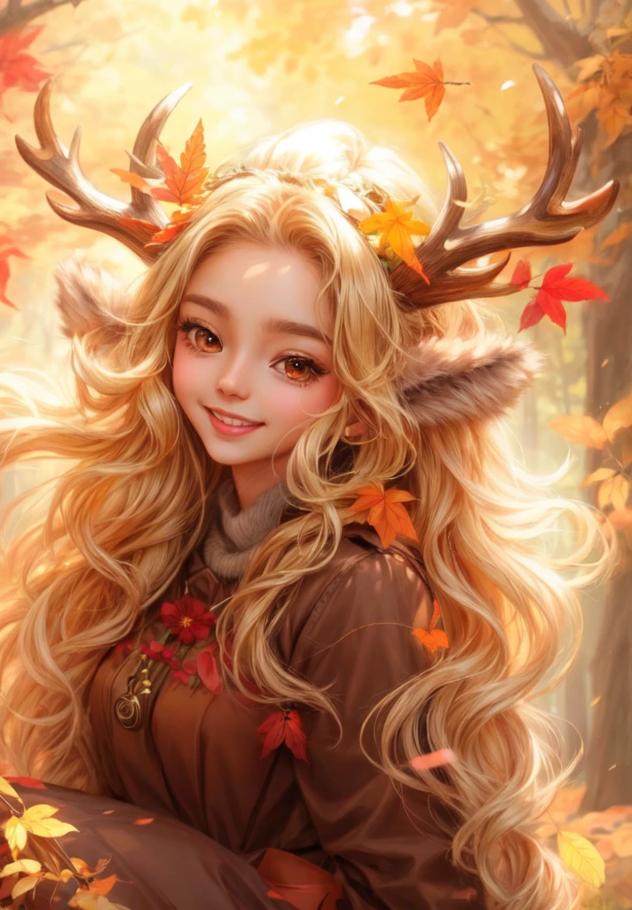 a ((brown skin)) young woman with long blonde hair and a deer antlers on her head, (((one anter is broken ))), in a forest, cute, cute, smiling , full length happy,cute, open eye,gold eyes,sitting in the forest beautiful spring spirit, goddess of spring, style artgerm, seasons!! : 🌸 ☀ 🍂 ❄, artgerm anime girl with long hair, extremely detailed art germ, artgerm and atey ghailan, satyr fur legs