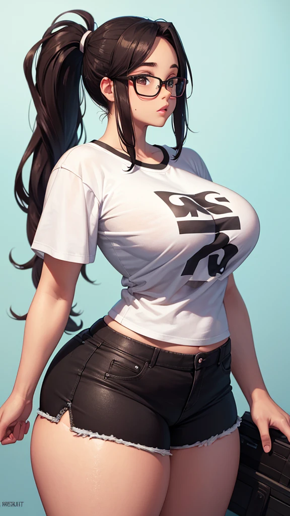 a nerd, beautiful, ponytail, shorts, thick, curvy, big breats, oversized t shirt