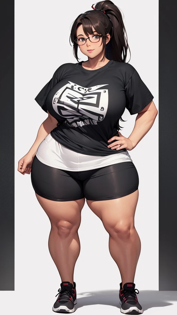 a nerd, beautiful, ponytail, shorts, thick, curvy, big breats, oversized t shirt