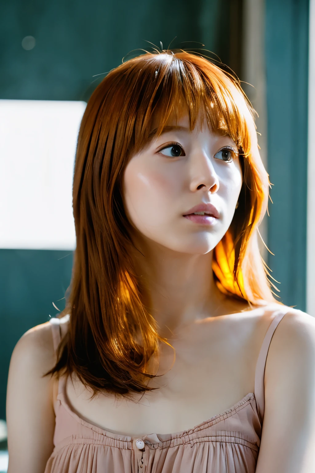 orange hair,1 girl, 30 years old, (realistic: 1.3), finely, quality, (masterpiece: 1.2), (photorealistic: 1.2), (best quality), (fine skin: 1.3), (intricate details), dramatic, ray tracing, photograph, Basking in the shadows, visual novel, full of hope, moonlight, film grain, kodak gold 200, The depth of field is 100mm, flicker