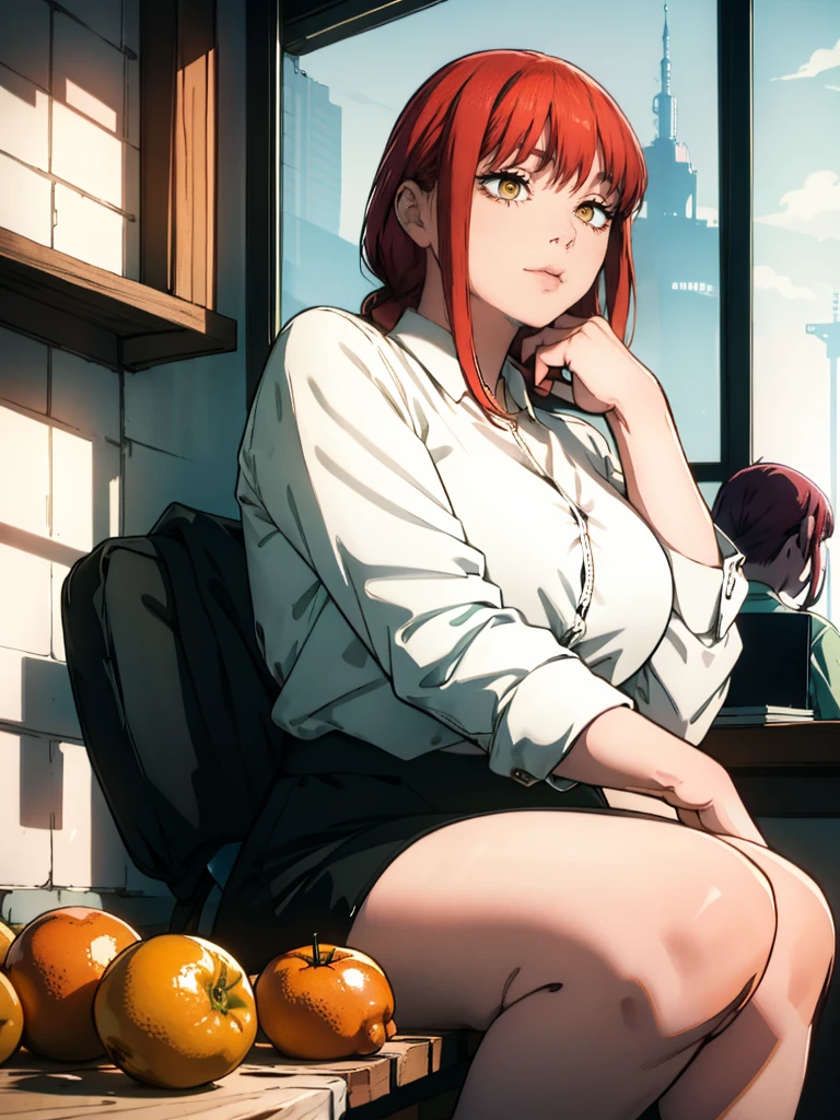 Le personnage Makima de la série animée Chainsaw Man, fragile, obésité morbide, ssbbw, pleine longueur (corps entier 1.1.), fond sombre, obscurité, anatomie correcte 1.1, anatomie correcte de la main, Très féminin, corps gras et rond, grosses Jambes, fesses, beau corps obèse, ventre rond et mou très gras, cheveux roux, Yeux oranges, Cercles rouges pour les écoliers, chemise blanche, jupe noire, cravate noire, pose sexy, réaliste, very détaillé, beau corps, détaillé body, détaillé hands, détaillé, vibrant, détaillé Face, Conception des personnages de Makima. very détaillé, détaillé body, détaillé hands, détaillé Face, Art animé, Hugh Détails, Visage très abattu, détaillé eyes, Illustration ultra fine, Meilleure ombre, détail fin, beautiful détaillé glow, beautiful détaillé, Extraordinairement beau, extremely détaillé, inexpressif, composition épique, Style animé. art animé, Style animé. Jupe noire, chemise blanche, cravatte, pose sexy