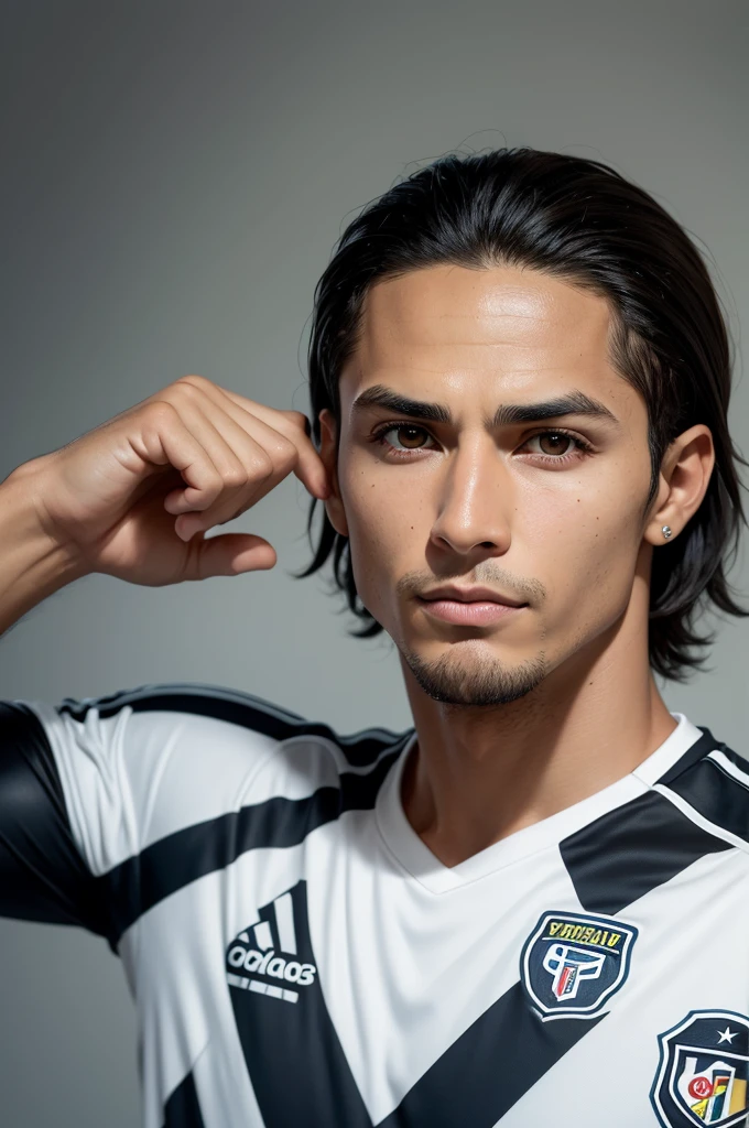 Make a Pixar photo of a man with big brown eyes, very short hair and a cut like Cristiano Ronaldo with a thin beard wearing a Corinthians shirt and a face similar to Ronaldinho from Rio Grande do Sul