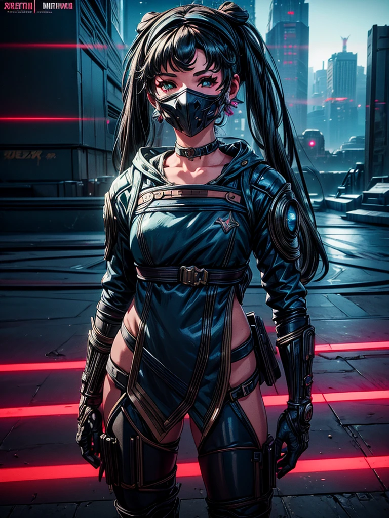 a beautiful detailed anime girl, sexy urban futuristic outfit, subzero mortal kombat mask covering mouth, submachine gun on back, masterpiece, 8k, ultra-detailed, photorealistic, intricate details, dramatic lighting, vibrant colors, cinematic composition, cyberpunk, science fiction, concept art style