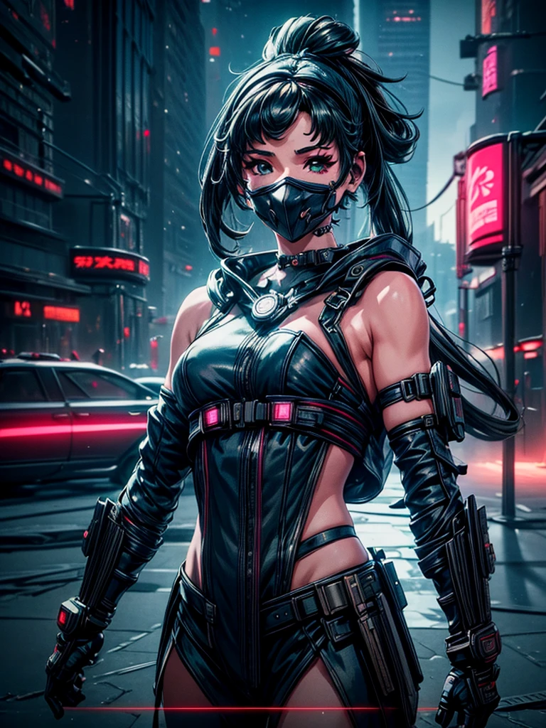 a beautiful detailed anime girl, sexy urban futuristic outfit, subzero mortal kombat mask covering mouth, submachine gun on back, masterpiece, 8k, ultra-detailed, photorealistic, intricate details, dramatic lighting, vibrant colors, cinematic composition, cyberpunk, science fiction, concept art style