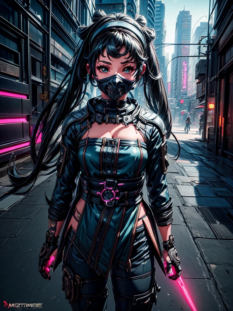 a beautiful detailed anime girl, sexy urban futuristic outfit, subzero mortal kombat mask covering mouth, submachine gun on back, masterpiece, 8k, ultra-detailed, photorealistic, intricate details, dramatic lighting, vibrant colors, cinematic composition, cyberpunk, science fiction, concept art style