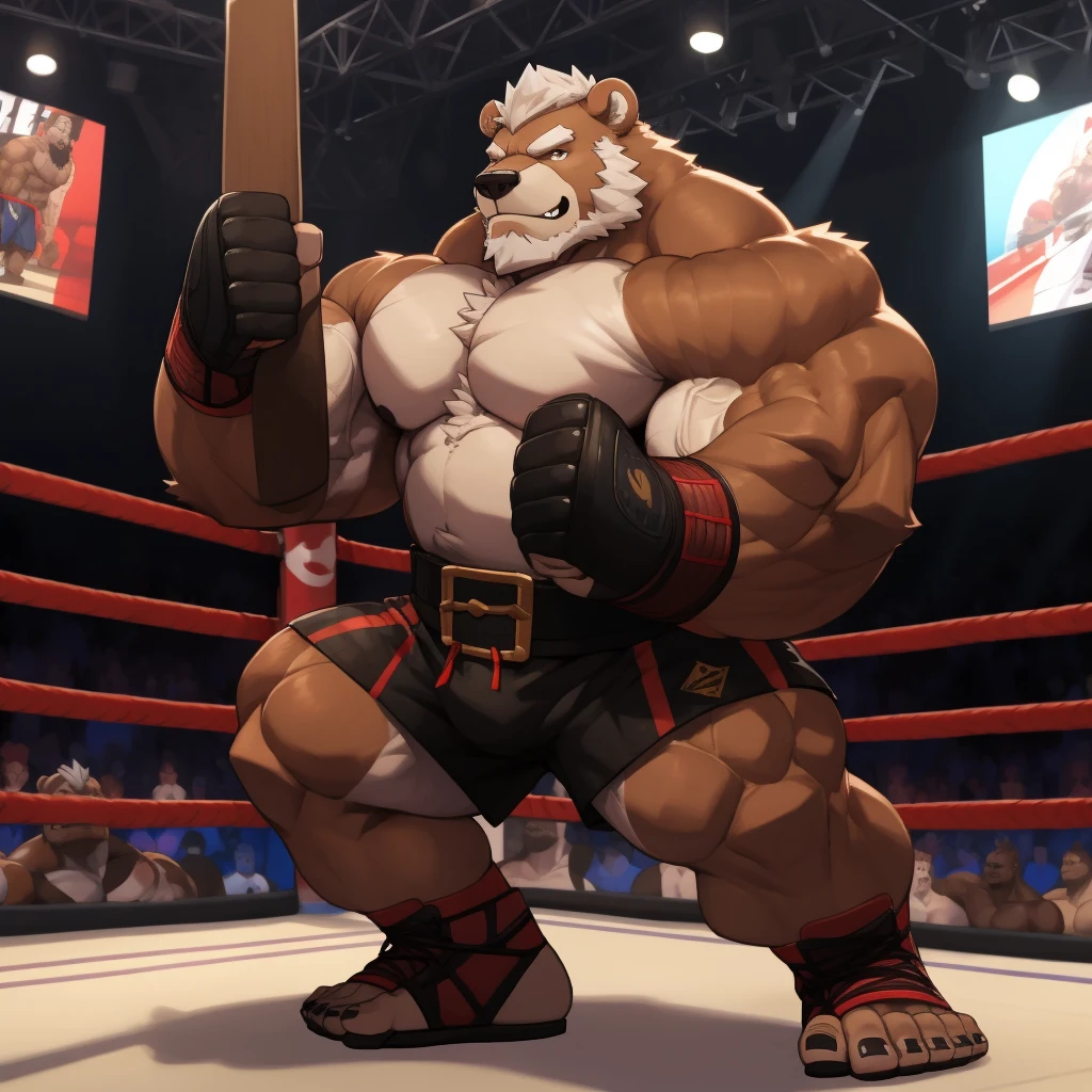 solo, 1boy, Huge Muscular Old Grizzly Bear wearing kickboxing MMA belt , thick pectoral, thick arms, huge pectoral, wide pectoral, hige brown fur, short white hair, Kickboxing MMA shorts, kickboxing MMA gloves, Kickboxing MMA Footwear 5 toes and shirtless, bearded, Kickboxing Martial Arts Cage Tournament background, masterpiece, semirealistic:1.2, high detailed, 8k, high resolution, Kickboxing Champion
