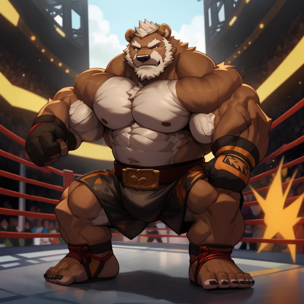 solo, 1boy, Huge Muscular Old Grizzly Bear wearing kickboxing MMA belt , thick pectoral, thick arms, huge pectoral, wide pectoral, hige brown fur, short white hair, Kickboxing MMA shorts, kickboxing MMA gloves, Kickboxing MMA Footwear 5 toes and shirtless, bearded, Kickboxing Martial Arts Cage Tournament background, masterpiece, semirealistic:1.2, high detailed, 8k, high resolution, Kickboxing Champion