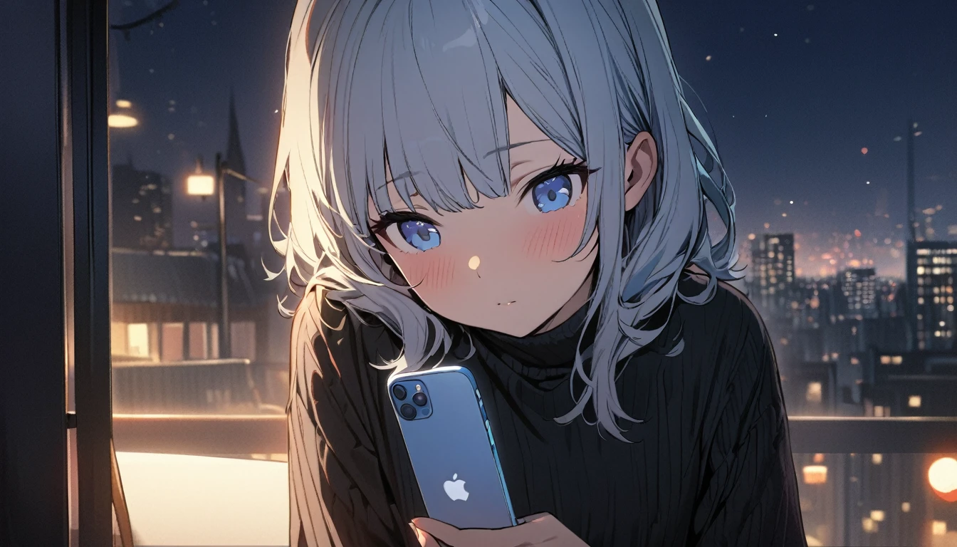 (1girl in),(beautiful blue eyes finely detailed、Face to detail、flat chest, masterpiece sidelighting、​masterpiece、top-quality、detaileds、High resolution illustration), a girl looking at iPhone, waiting for the reply from a guy who she is interested in, city pop, white and black, nostalgic, night, sexy