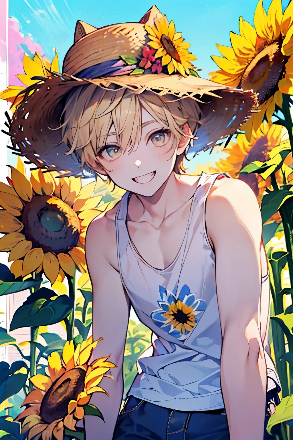((cute,kawaii)),((pastel color)),(A happy smile),((Tank top and straw hat:1.3)),(Sunflower field:1.3),Shiny hair,(Natural Color),((Angle from below:1.1)),(Angle of incitement:1.3),((Tropical illustration background:1.2)),((boy,Men's,male:1.2)).