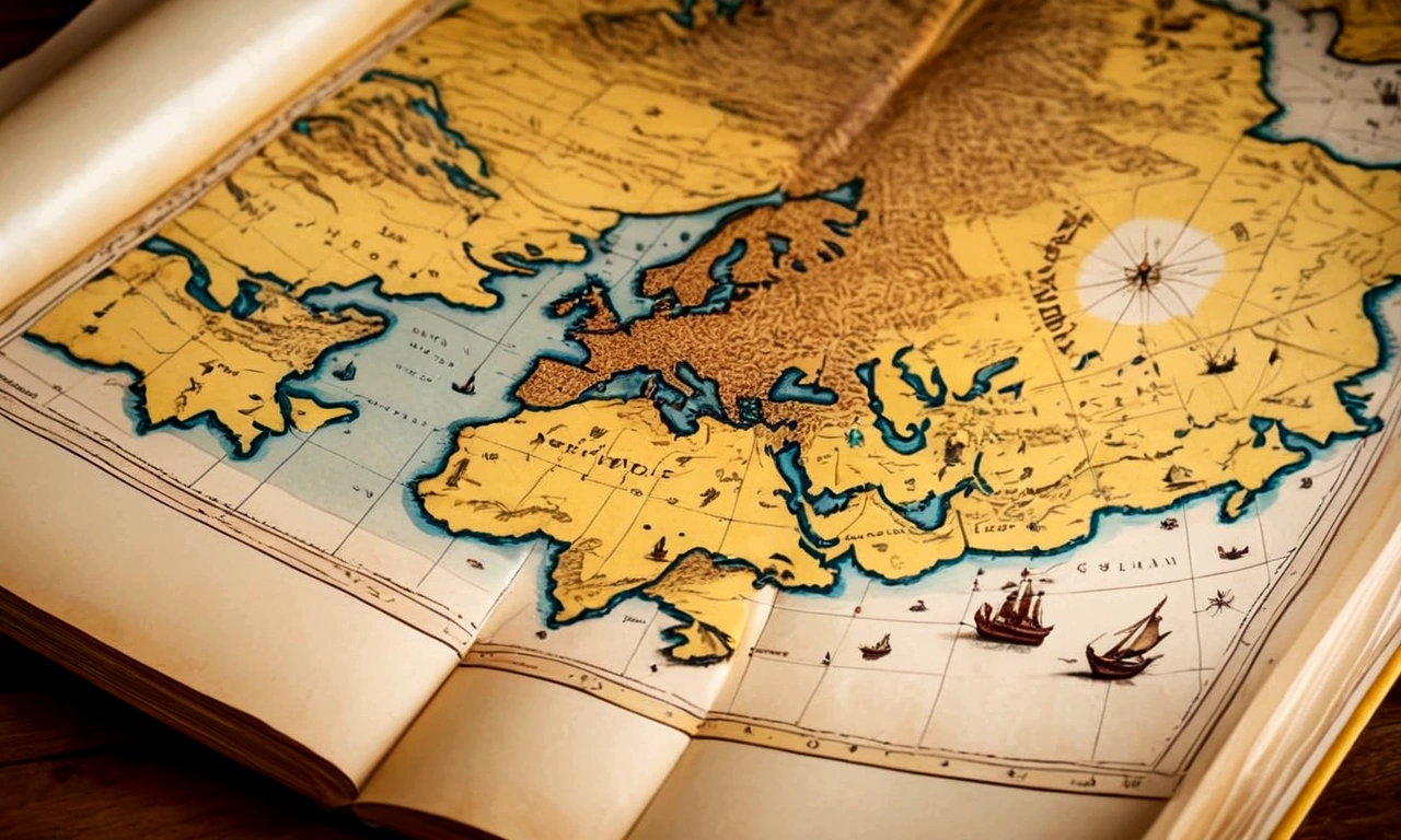 Draw an old map with its yellowed pages with various drawings, as if showing a way to find something.