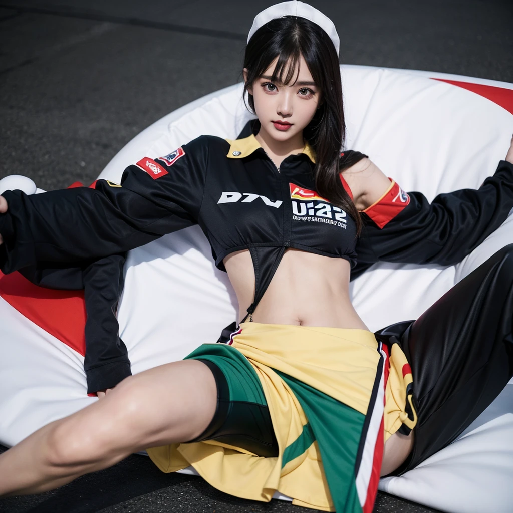 Super detailed photos、Detailed face、Lip gloss、Cool woman、Colorful costumes、F1 Driver Cosplay、Colorful costumes、Clothing with company logo、Grid Girlsのカラフルで派手な衣装、Grid Girls、Perfect Face、Paddock Girls、Harem、motor Show、tights、Bodycon Costumes、Grid Girls、Russia、Grid Girlsのコスプレ、belly button、Pleated skirt、Bodycon Costumes、Legs open pose、Spread your legs to show your crotch