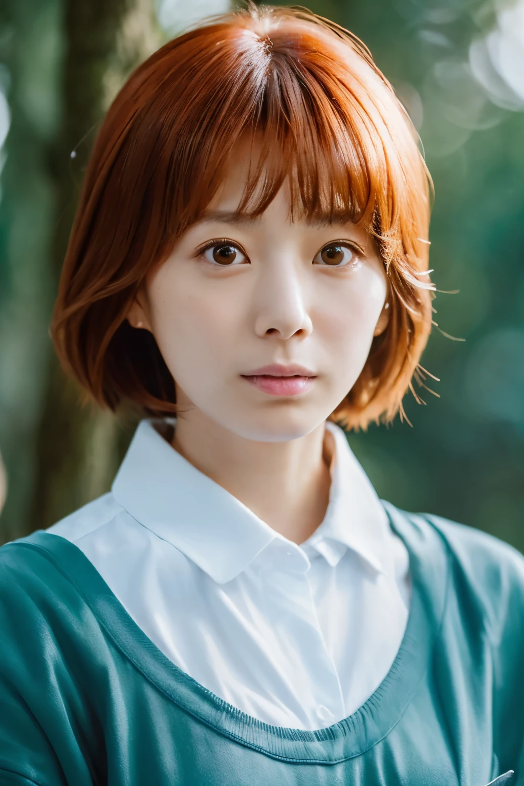 a Japanese woman, 30 years old, cute face, detailed face, detailed eyes, ((orange hair)), long hair, 1 girl, (realistic: 1.3), finely, quality, (masterpiece: 1.2), (photorealistic: 1.2), (best quality), (fine skin: 1.3), (intricate details), in the forest, dramatic, ray tracing, Basking in the shadows, visual novel, full of hope, moonlight, film grain, kodak gold 200, The depth of field is 200mm, flicker