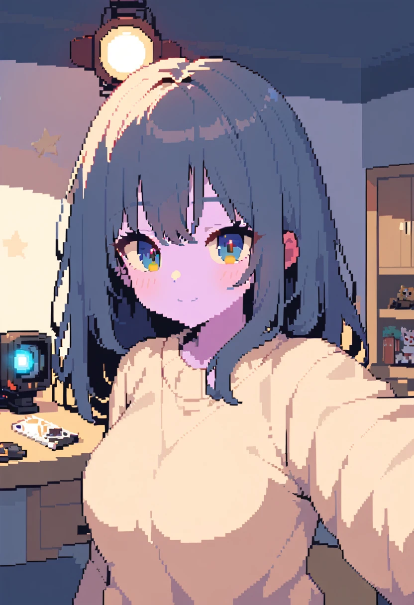 pixel art, stickman, Veronica Cipher ((upper body selfie, hapiness的)), Masterpiece, Superior quality, ultra detailed, alone, exterior, (evening), ROOM, gamer, (Star, officer) hapiness, hapiness的, sweater, have, flashlight, wood, Get rich, shadow, Compared, clear sky, analogy style (View viewer:1.2) (texture) (film grain: 1.3), (cold colors, warm colors): 1.2), close up, movie light, Side light, ultra high resolution, 背心shadow, RAW, wear a sweater, Kodak Vision 3, girl, black fur, wide, messy fur, Intense pink skin.