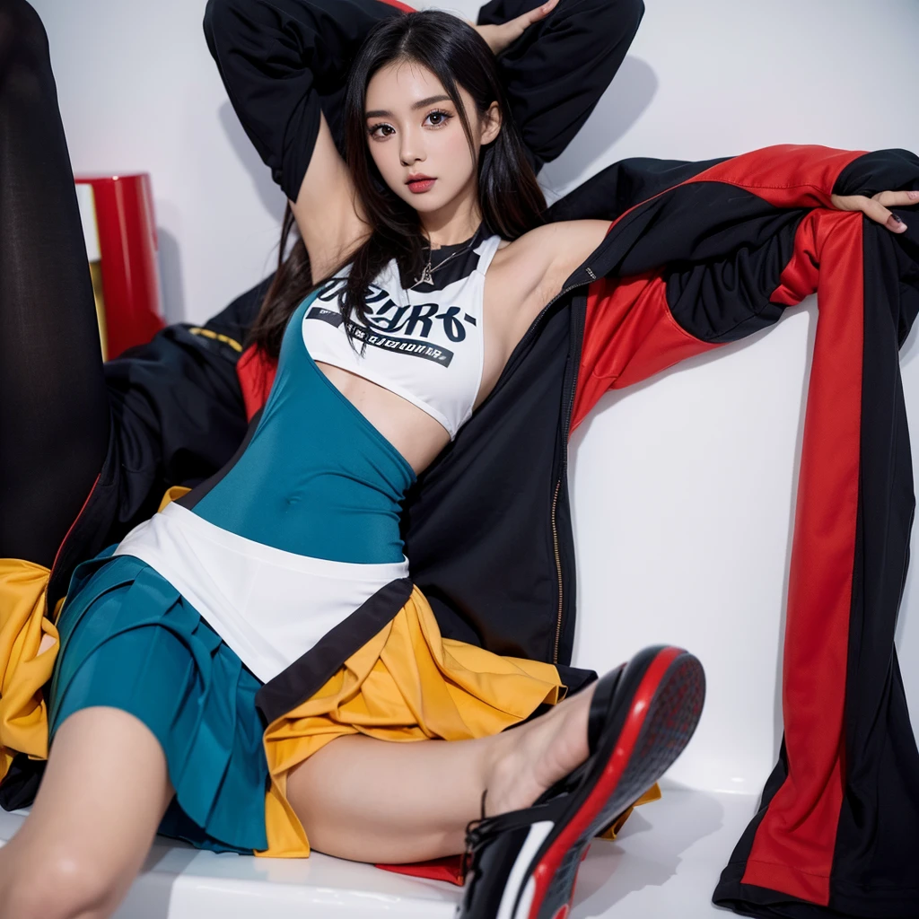 Super detailed photos、Detailed face、Lip gloss、Cool woman、Colorful costumes、F1 Driver Cosplay、Colorful costumes、Clothing with company logo、Grid Girlsのカラフルで派手な衣装、Grid Girls、Perfect Face、Paddock Girls、Harem、motor Show、tights、Bodycon Costumes、Grid Girls、Russia、Grid Girlsのコスプレ、belly button、Pleated skirt、Bodycon Costumes、Legs open pose、Spread your legs to show your crotch