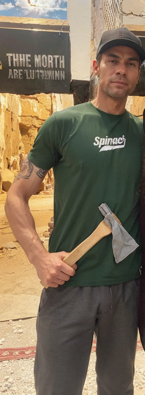 Realism, large muscles, correct skin blemishes, backround a cave.