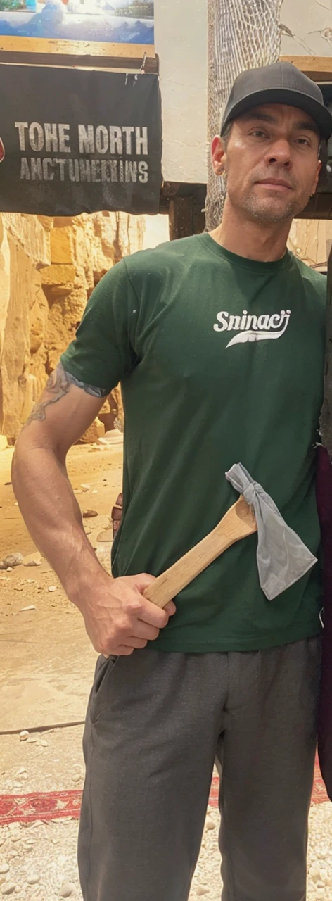 Realism, large muscles, correct skin blemishes, backround a cave.