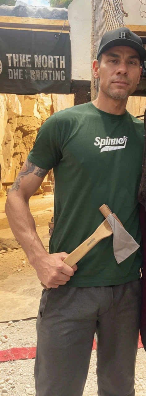 Realism, large muscles, correct skin blemishes, backround a cave.