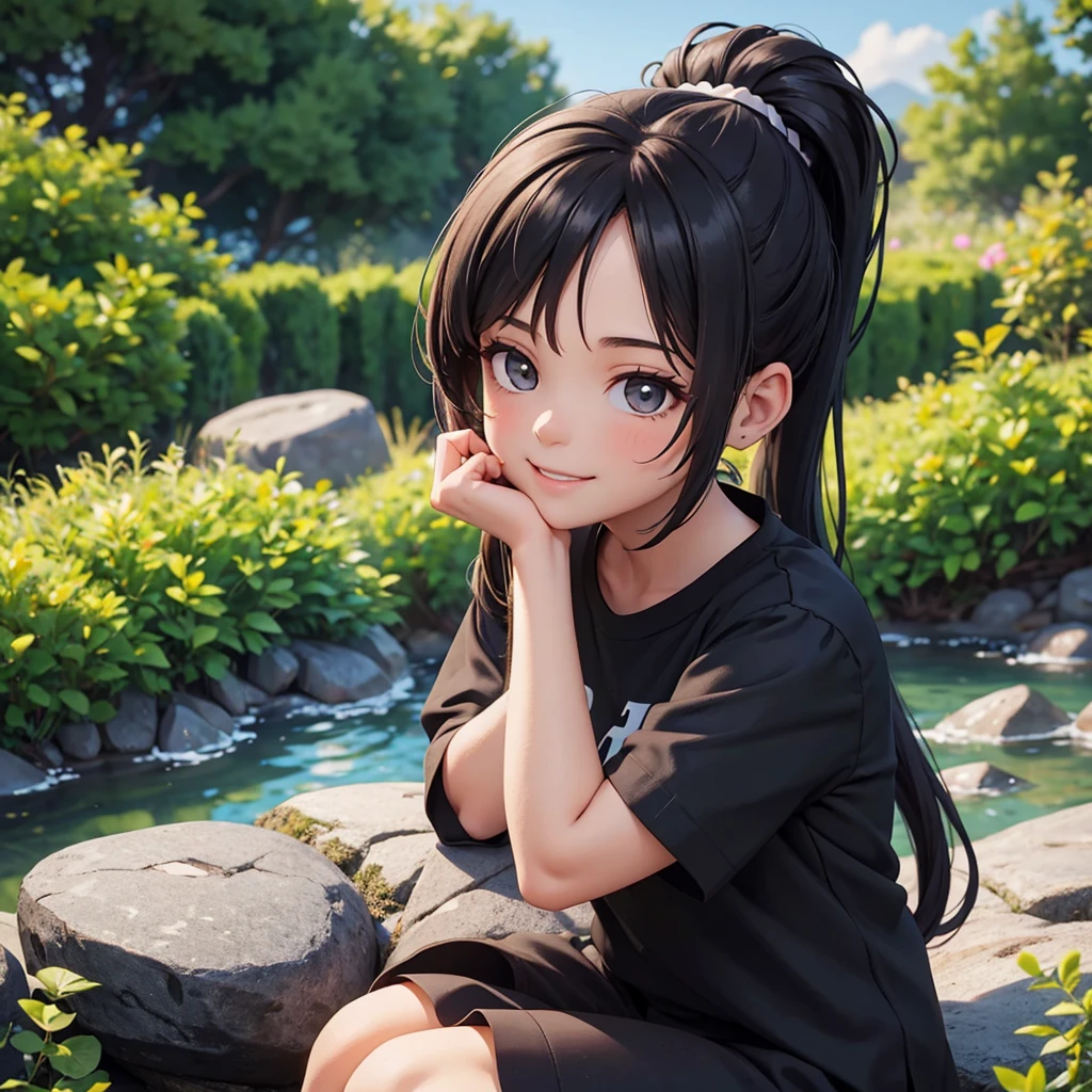 girl with ponytail hair sitting on a rock with a garden, black shirt in the background, her hands are resting on the rock she looks at the camera with a beautiful smile