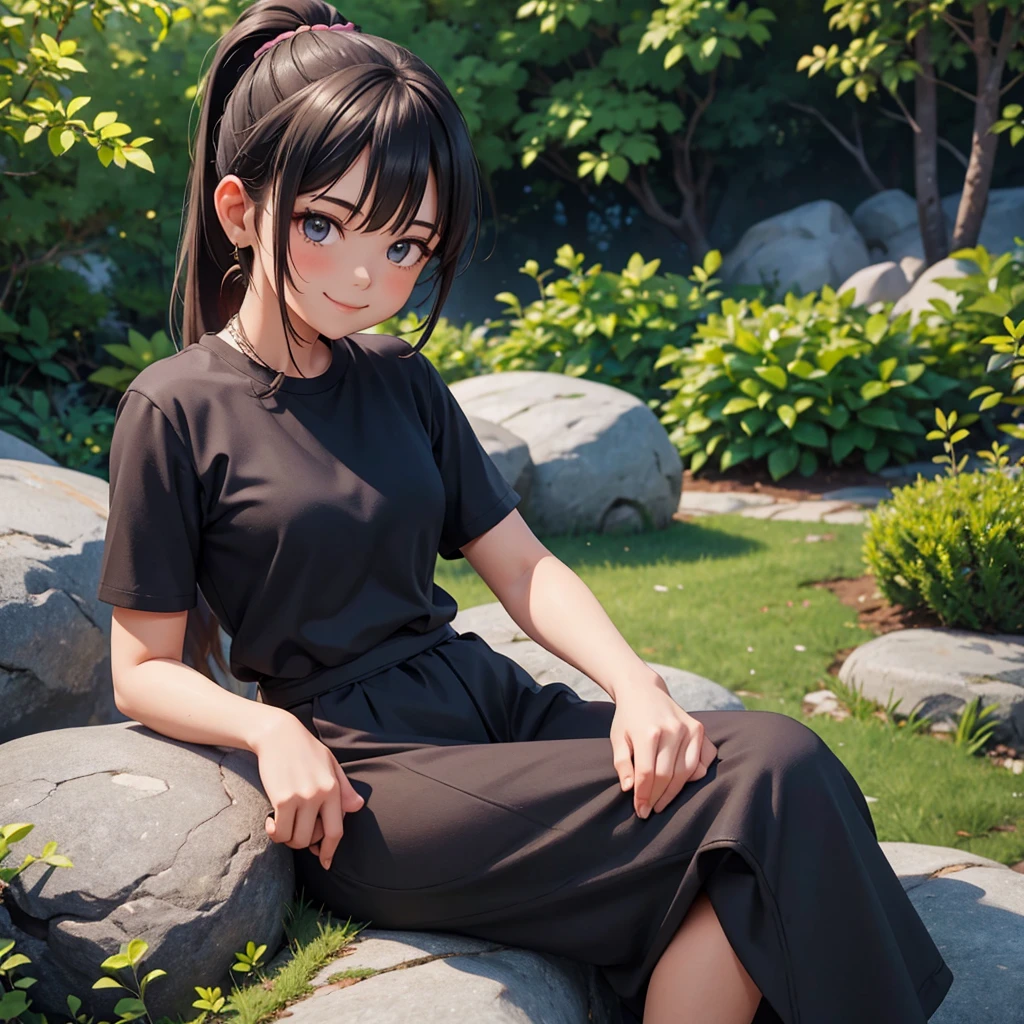 girl with ponytail hair sitting on a rock with a garden, black shirt in the background, her hands are resting on the rock she looks at the camera with a beautiful smile