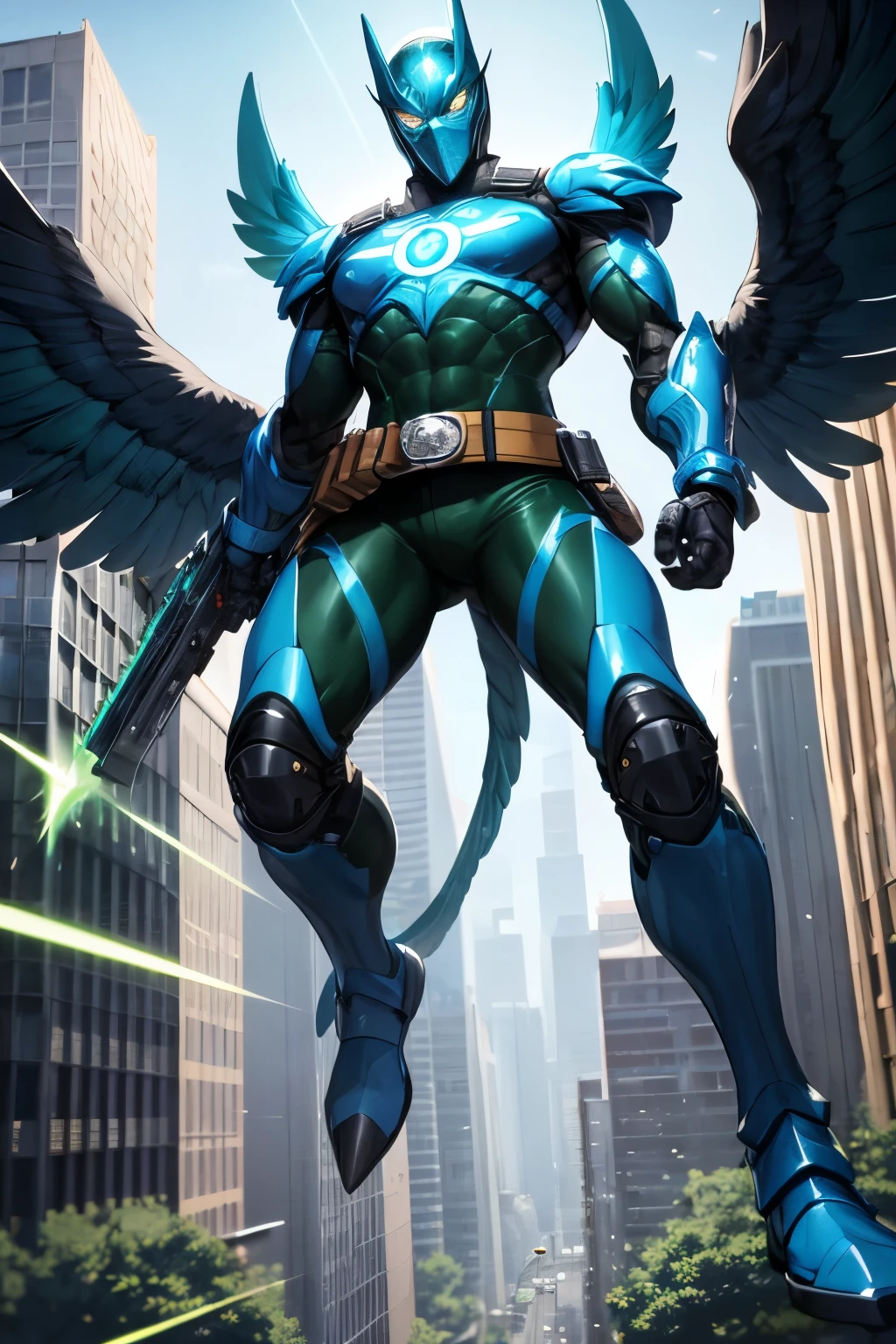 ((best quality)), ((masterpiece)), (detailed), 1 man, full body, 25 years old, masked, blue mask, blue head, uncovered mouth, biker helmet, blue helmet, parrot helmet, black neck, tall, thin, black beak, black details, a green parrot with a blue head on his side, metallic wings, wings on his arms, blue fingerless gloves, blue wristbands, luminous blue wings shooting lasers, blue suit resembling light armor, blue suit with an emblem, entirely green chest, emblem on his chest, green pants, deployable bird tail, metallic feathers, gray knee pads, metallic gray boots, metallic bird claws, black superhero belt, flying through the city, midday city background, anime