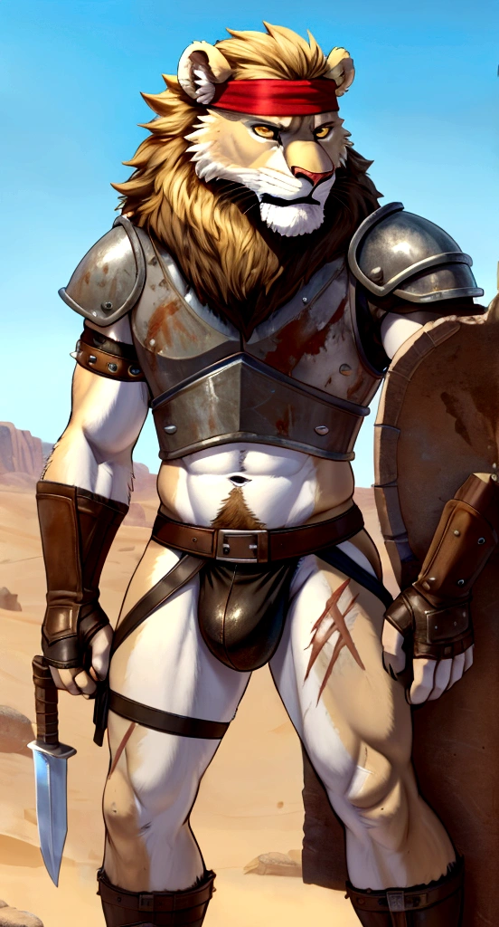 Solo Sexy anthro furry lion male mercenary medieval solider, slim endomorph muscular handsone model male apperance, headband, sword scars, worn out rusty skimpy armament, low on hips heavy leather belt, old very worn out skimpy dirty linen material jockstrap, old yellow dirty worn out stains on white jockstrap, studded skimpy armlets breastplate armor, skimpy breastplate, leather bondages, fingerless leather gloves, smelly unwashed furr, dirty body look, desert battlefield, standing in sexy fighting position, close view of full character
