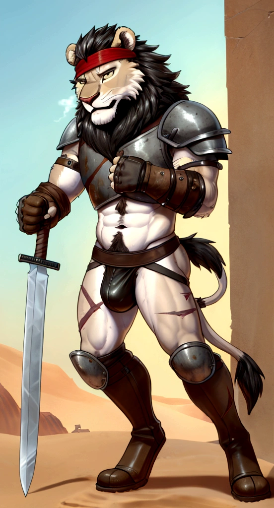 Solo Sexy anthro furry lion male mercenary medieval solider, slim endomorph muscular handsone model male apperance, headband, sword scars, worn out rusty skimpy armament, low on hips heavy leather belt, old very worn out skimpy dirty linen material jockstrap, old yellow dirty worn out stains on white jockstrap, studded skimpy armlets breastplate armor, skimpy breastplate, leather bondages, fingerless leather gloves, smelly unwashed furr, dirty body look, desert battlefield, standing in sexy fighting position, close view of full character