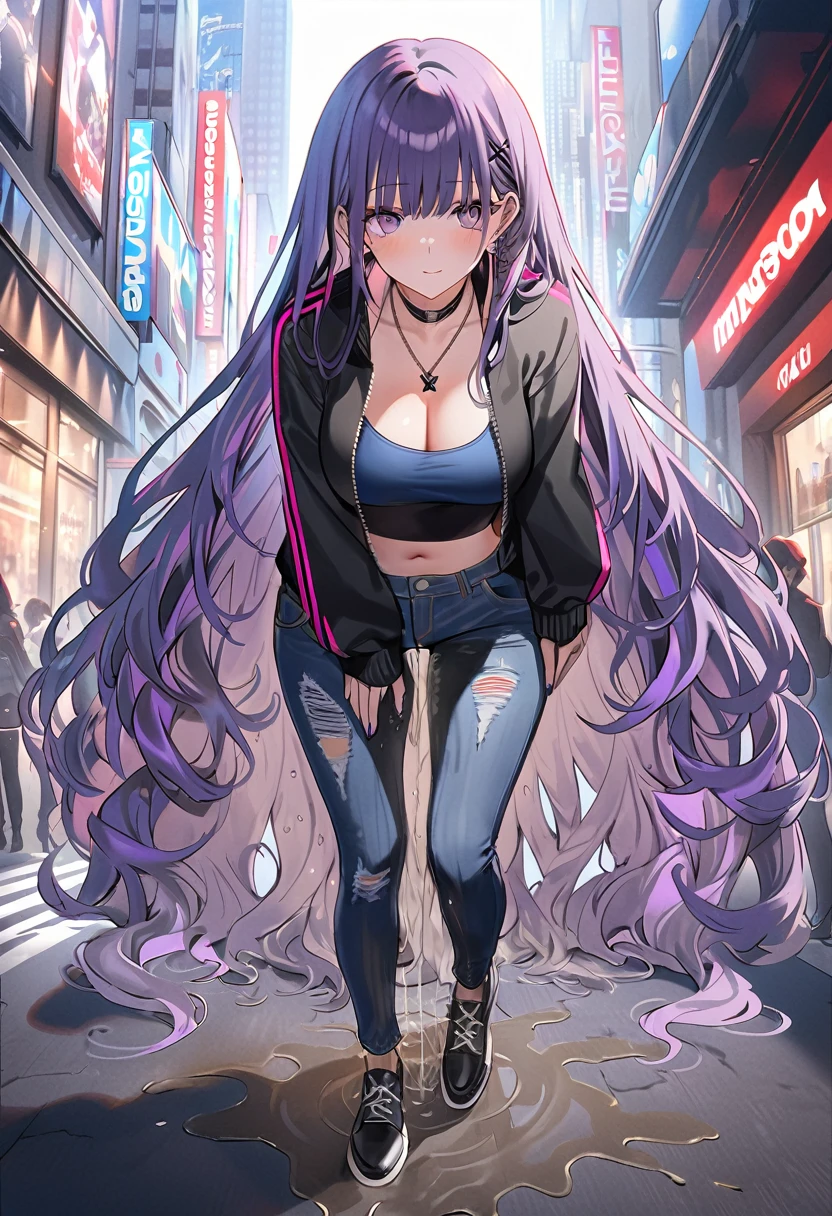 (masterpiece:1.37), best quality, (extremely detailed:1.37), woman, (very long hair:1.5), dark purple hair, purple eyes, (extremely detailed eyes:1.37), standing, (wetting self:2.0), large breasts, stylish jacket, multicolored jackt, jeans, cleavage, navel, open fly, city, high-tech, street, full body