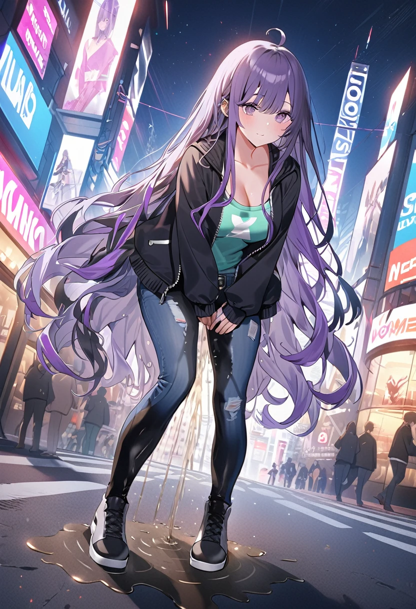 (masterpiece:1.37), best quality, (extremely detailed:1.37), woman, (very long hair:1.5), (dark purple hair:1.5), purple eyes, (extremely detailed eyes:1.37), standing, (wetting self:1.5), large breasts, stylish jacket, multicolored jackt, jeans, cleavage, navel, city, high-tech, street, full body